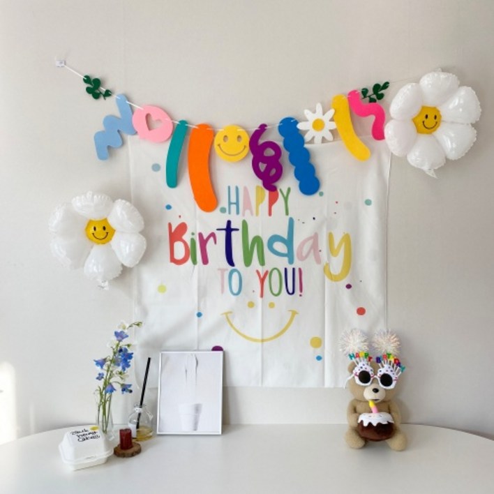 패브릭 데이지꽃 생일 가랜드 파티 배너 세트 기념일 파티용품 해피벌스데이 폭죽 머리띠, 화이트, 1세트 패브릭 데이지꽃 생일 가랜드 파티 배너 세트 기념일 파티용품 해피벌스데이 폭죽 머리띠, 화이트, 1세트