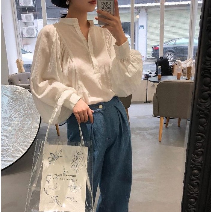 자수 포키 벌룬 플로우 브이넥 퍼프 가을 버튼 봄 빅사이즈 루즈핏 여성 코디 블라우스