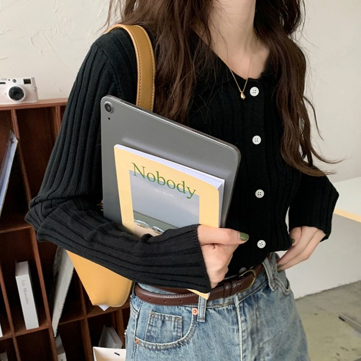 여성 간절기 카라넥 반크롭 골지 니트 가디건
