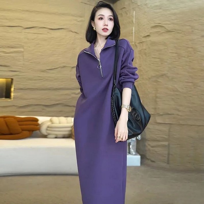 Seofst 여성 가을겨울 하프지퍼 맨투맨 원피스