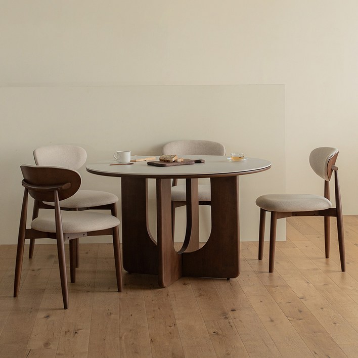 오아르 론 원목 원형 세라믹 4인 식탁세트 1200 의자4, 클라우드 화이트 연그레이다크 월넛