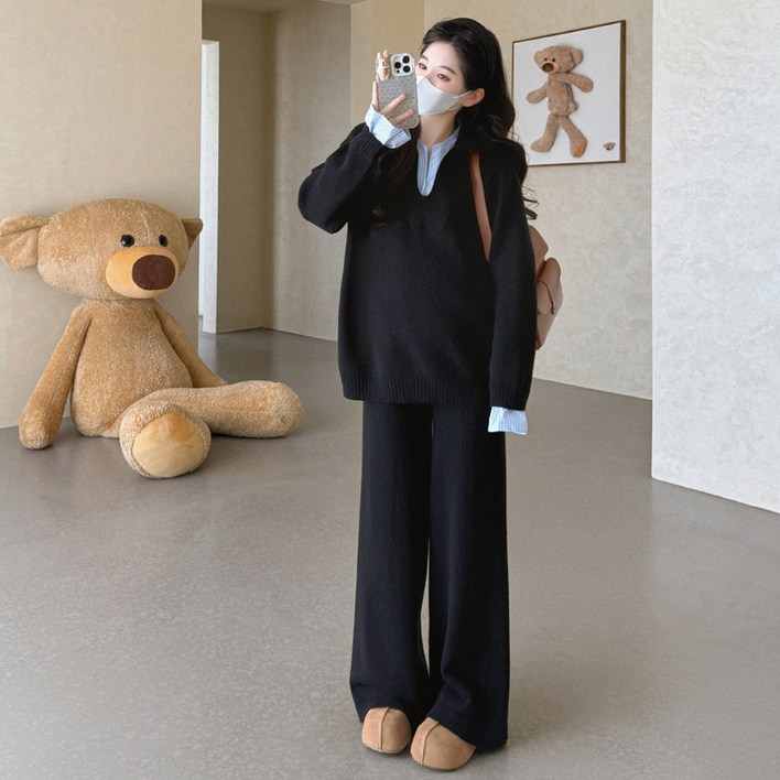 ANYOU 여성트레이닝세트 빅사이즈 상하의 세트 휴가룩 임산부 츄리닝 루즈핏 트레이닝 와이드 팬츠 세트 더블 레이어 셔츠