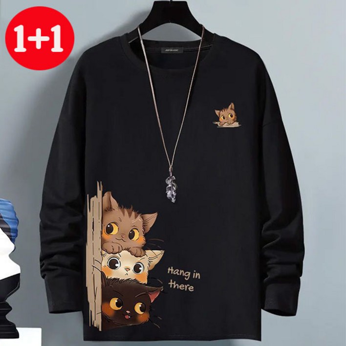 FINE ART 1+1 남성 고양이 프린팅 긴팔티 캐릭터 맨투맨 빅사이즈 긴팔 티셔츠 오버핏 라운드티 데일리