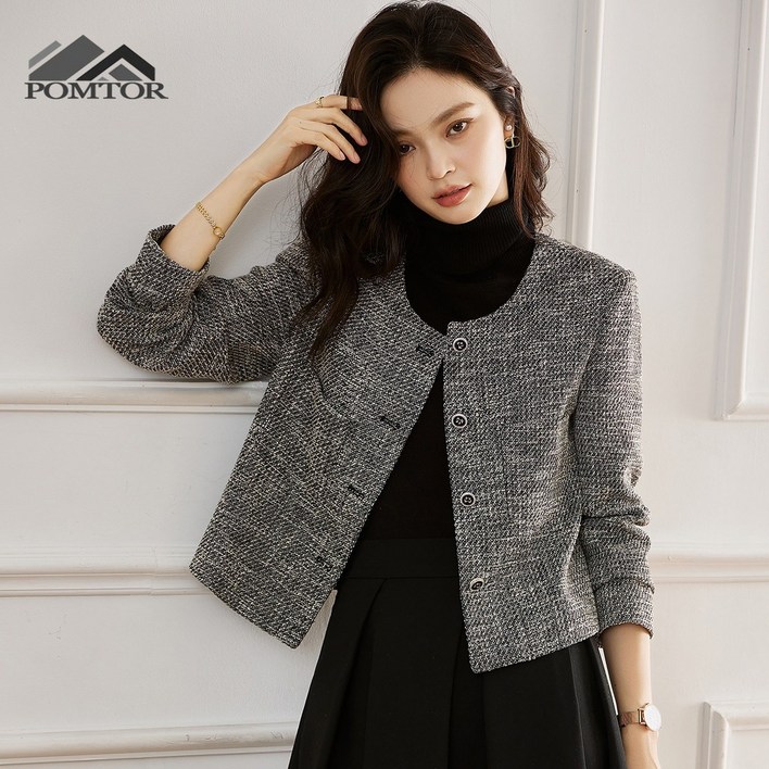 POMTOR 여성 봄가을 베이직 숏핏 우아한 정장 단추 가디건