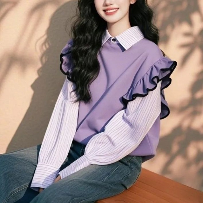 녕동 여성 데일리 카라넥 프릴 맨투맨 캐주얼 스트라이프 소매 긴팔티 루즈핏 상의 봄가을