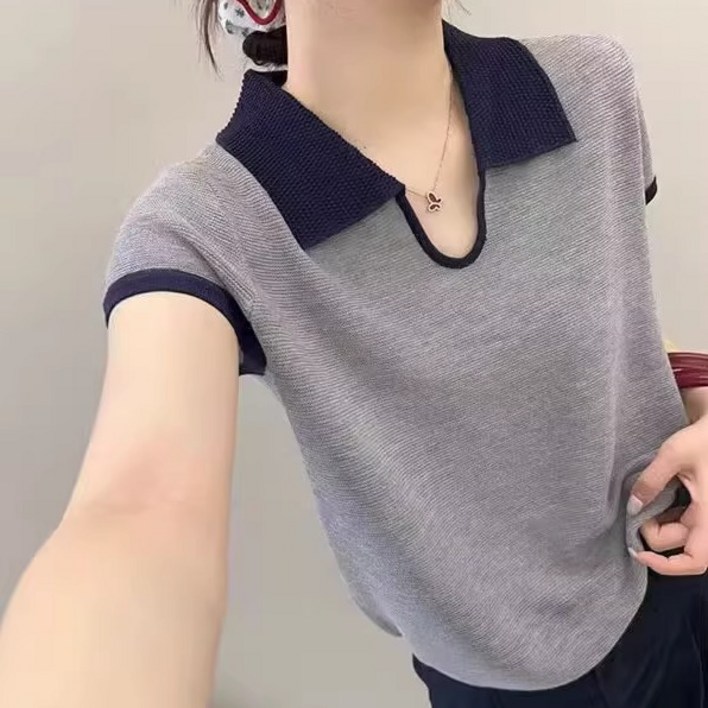 에쥬아 여성 반팔 티셔츠 칼라 니트 반팔티