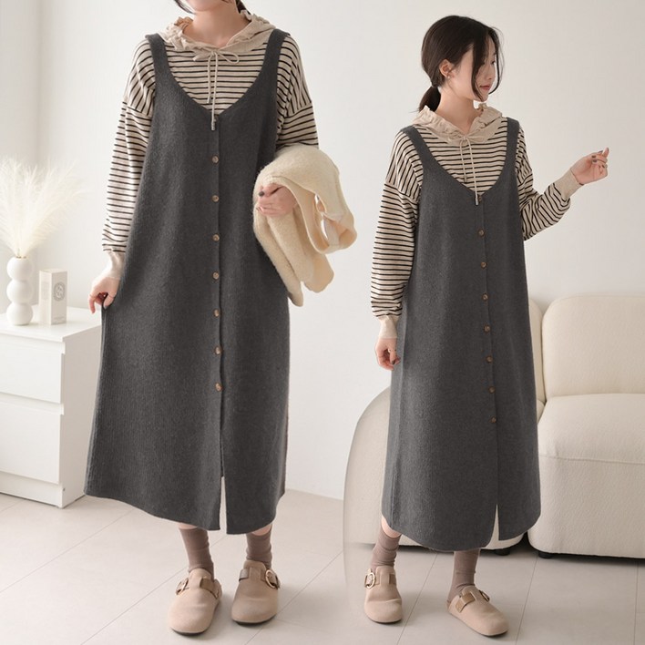 데일리앤 코지아 니트 뷔스티에 브이넥 롱 원피스 가을 겨울 레이어드 데일리 등원룩