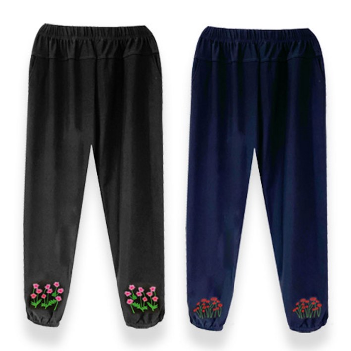 국민할매 엄마옷 할머니옷 자수 몸빼 바지BSS 블랙네이비 2P 자수램덤 고무줄바지 춘추복 요양원옷 봄가을 일바지