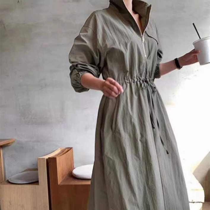 아노락 허리끈 지퍼형 롱 원피스  3COLOR