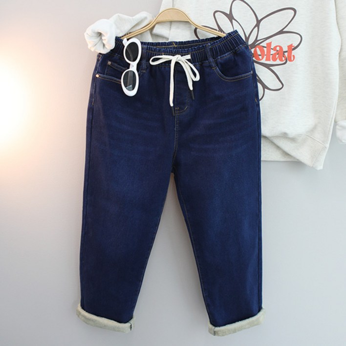 달콩 여성 기모청바지 허리밴딩 지니스판데님배기팬츠융기모