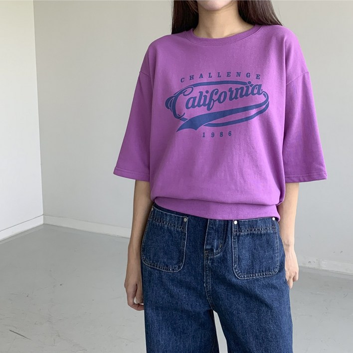 행복여 챌린 루즈핏 맨투맨 면 7부 반팔 티셔츠