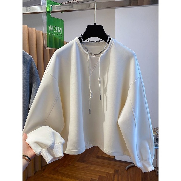 2025년 신상 루즈핏 캐주얼 풀오버 탑, 한국 디자인, 독특한 드로스트링 크루넥 스웨트셔츠 (여성용, 봄/가을용)