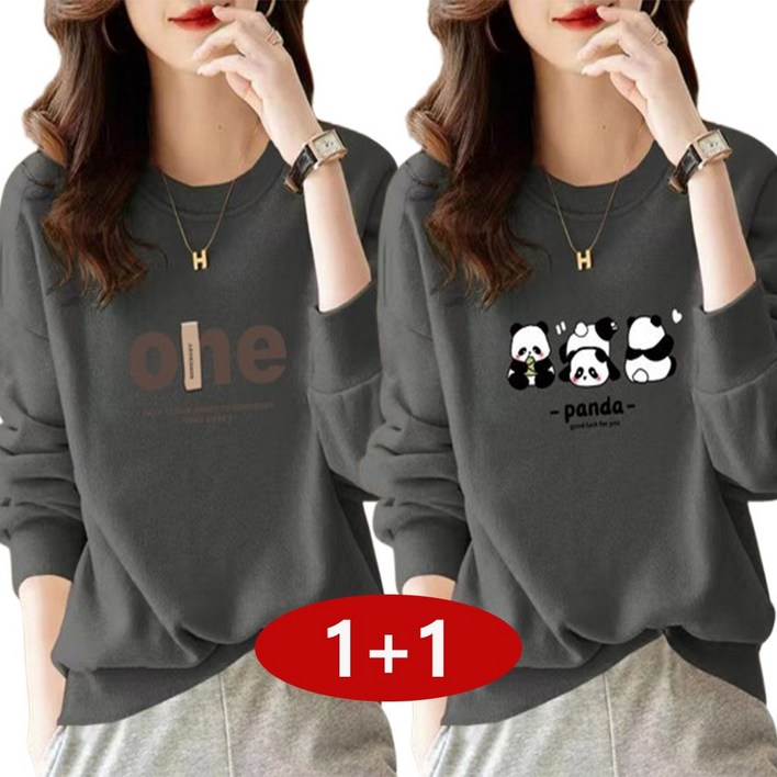 1+1 여성 봄가을 라운드 맨투맨 오버핏 면질 무지 프린트 여성티셔츠