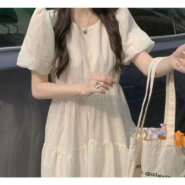 미소준 허리 주름 퍼프 소매 여름 원피스