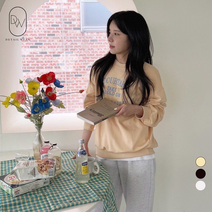 디테일웨어 여성 간절기 홀드온 맨투맨 자수 레터링 루즈핏 긴소매 티셔츠 특양면 여자맨투맨 데일리룩