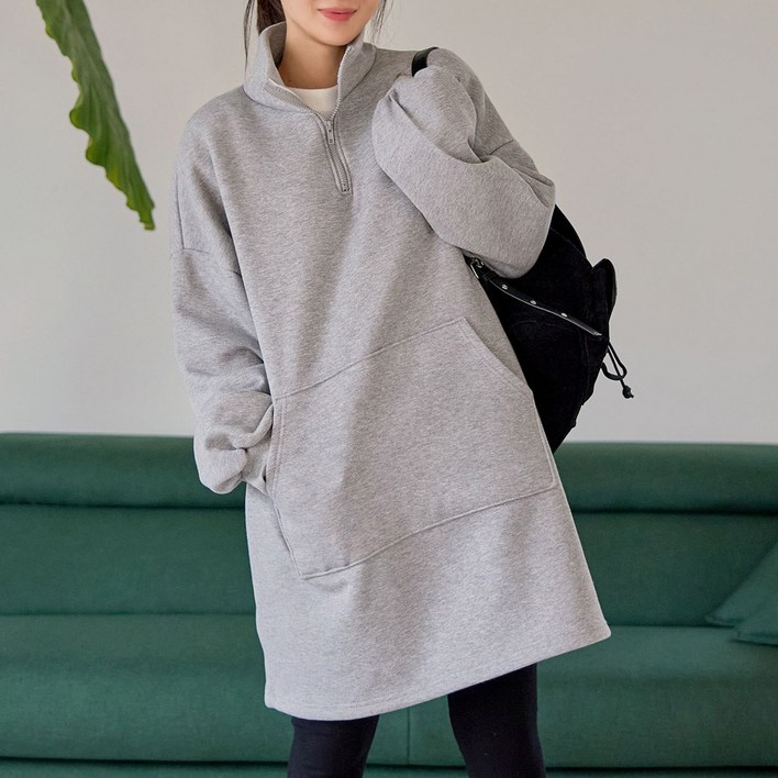 로로텐 기모 반집업 하이넥 미니 원피스 무지 오버핏 여성 빅사이즈