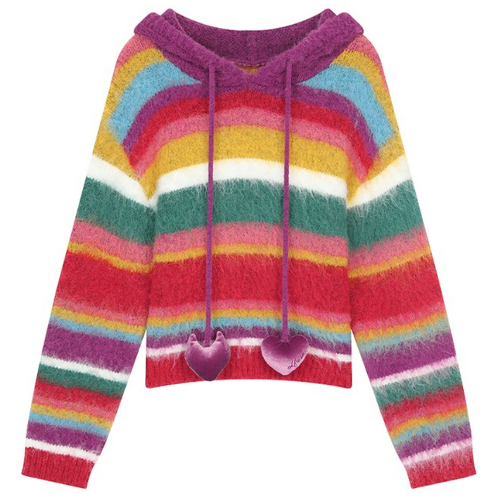 ELFSACK 여성용 무지개 줄무늬 루즈핏 니트 후드티 루즈핏 후드 니트 가을 겨울 니트웨어 캐주얼 데이트 일상 코디 핏이 여유 있습니다