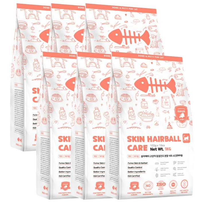 본아페티 유럽산 키블 고양이 사료 헤어볼 피부 모질 기능성 동결건조 분말 건식 사료, 헤어볼, 1kg, 6개
