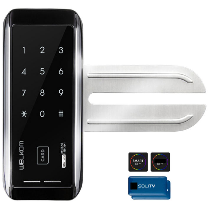 수도권설치내일도 가능 솔리티 웰콤 WG20 단문형 카드키4개번호키 강화유리문전용 좌우수문인식키패드자동전환 상시문열림기능 차임벨 생활방수 상가 현관문 디지털도어락 도어록, 웰콤 WG20 단문형무료설치A지역금요일, 방문설치