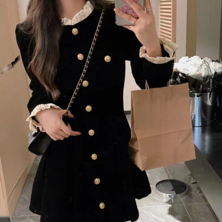 미중 여성 추동 뉴 고급 벨벳 기품 허리조임 쇼트 트렌드 단추 원피스 cy