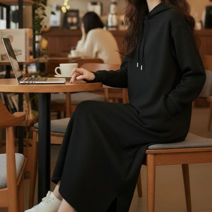 더담다 가을 겨울 후드 기모 롱원피스