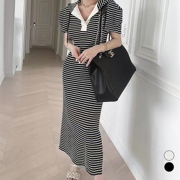 비비에모 퍼프 숄더 후드 스트라이프 롱 원피스 10338