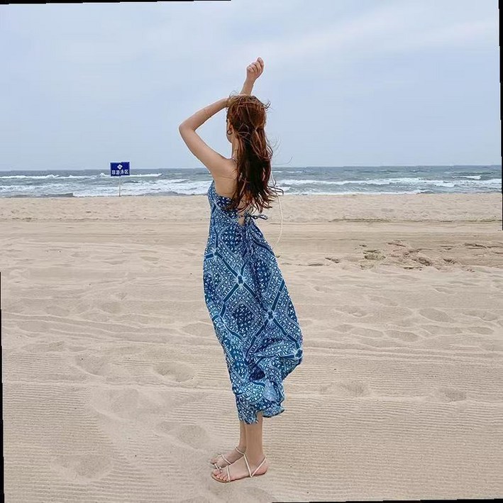 여성 여름 원피스 블루 바캉스룩 롱원피스 나시 비치원피스