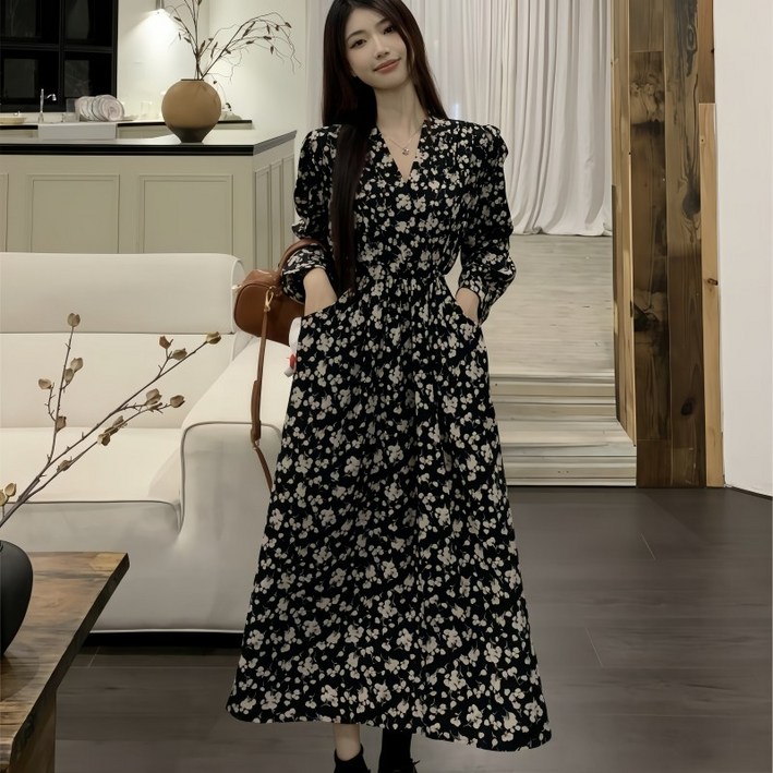Novastar 가을 원피스 여자 블랙 플로랄 롱 원피스 휴양지 원피스 데일리룩