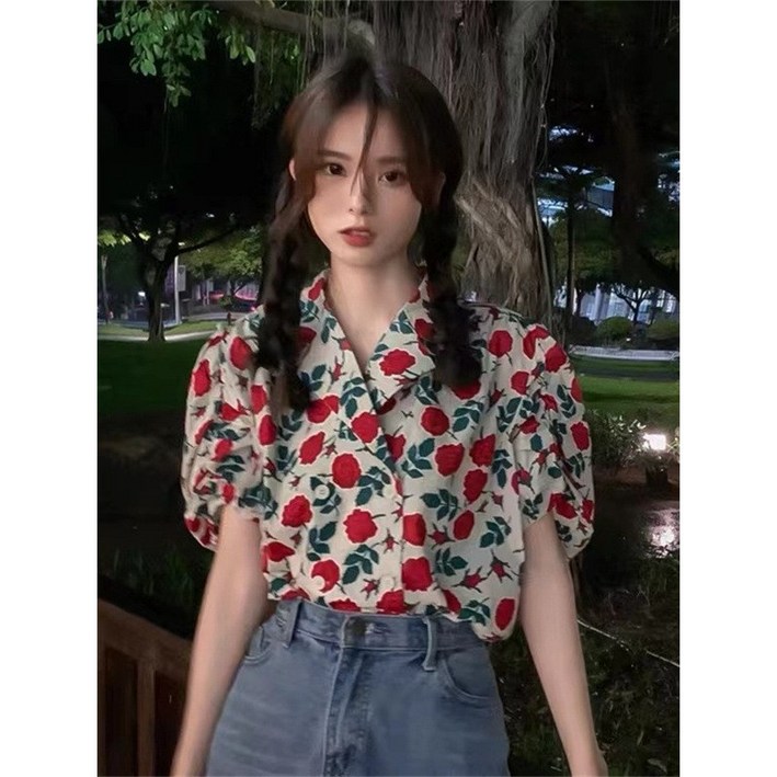 애니파니 복고 스타일 레트로 어깨 퍼프 로즈 블라우스