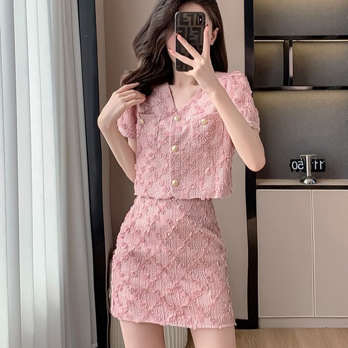 프렌치 여자 하객룩 세트 빅사이즈 브이넥 반팔 트위드 자켓 + 미니 스커트 여름 여성 투피스 치마 세트 YSQ