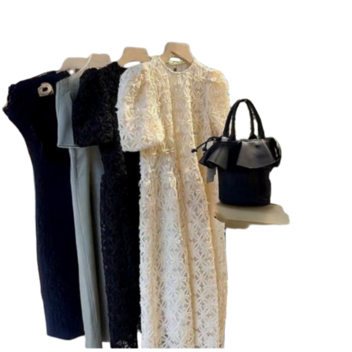 고급스러운 오간자 플라워 퍼프 롱 원피스