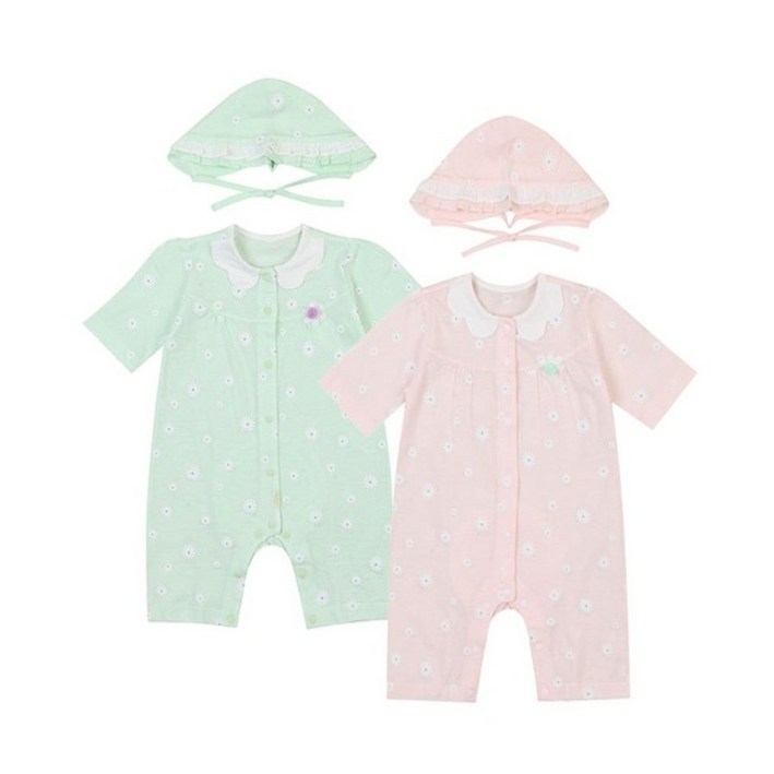 압소바 중계점 # 당일발송 신생아 백일 출산선물 추천 봄부터 여름까지 데이지 꽃패턴이 여아스러움을 주는 여름 우주복&보넷