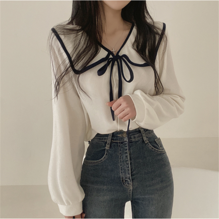 예쁨시전 리본 빅카라 캠퍼스 벌룬 긴팔 티셔츠 예쁨시전 리본 빅카라 캠퍼스 벌룬 긴팔 티셔츠