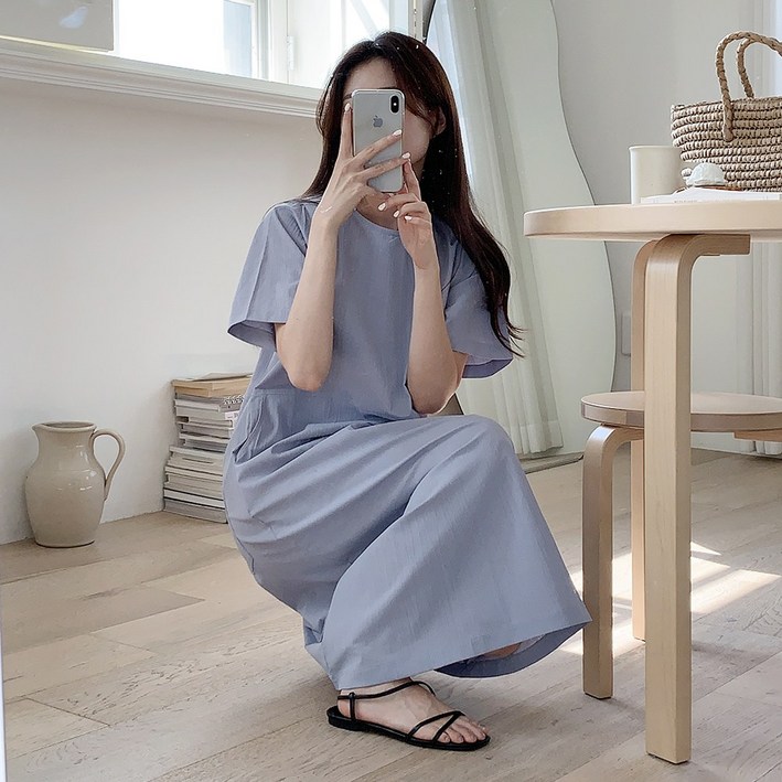 앤샵  자체제작국내생산 여성용 링클  아노락 반팔 뒷주머니 롱 원피스3color