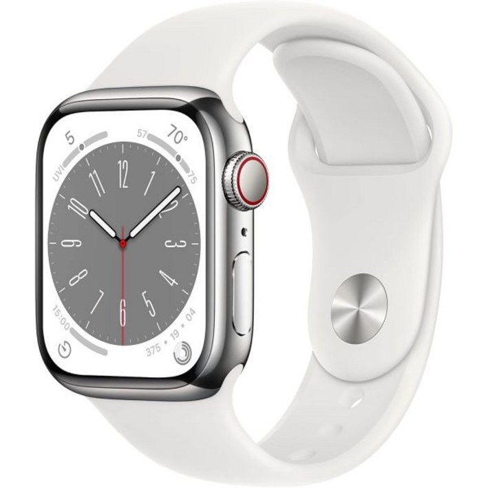 애플 워치 시리즈 8 GPS 셀룰러 41mm 은색 스테인리스 스틸 케이스와 흰색 스포츠 밴드 ML 리뉴얼 프리미엄
