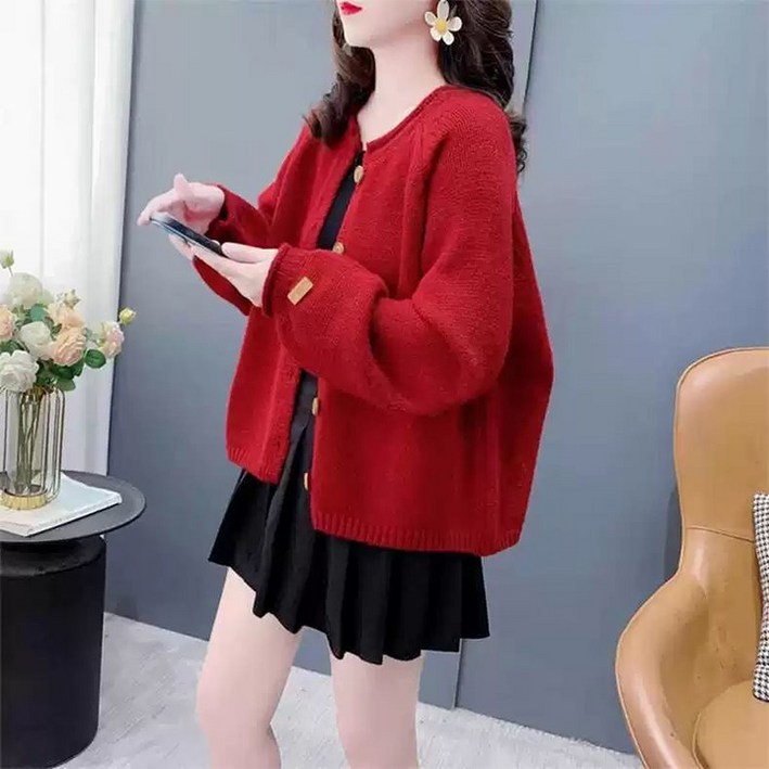 PEROLA 여성 라운드넥 니트 가디건 루즈핏 빅사이즈 2color 단추 긴팔 스웨터 아우터