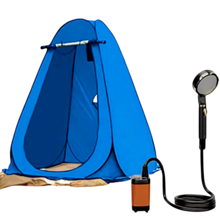 아웃바스 원터치 야외 샤워기 텐트 세트 보조배터리 c타입 이동식 부스 탈의실 낚시 화장실, 2인, 블루
