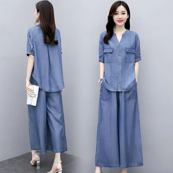 ANYOU 여성 직장인 데님 와이드 팬츠 여름 빅사이즈 캐주얼 슬림 투피스