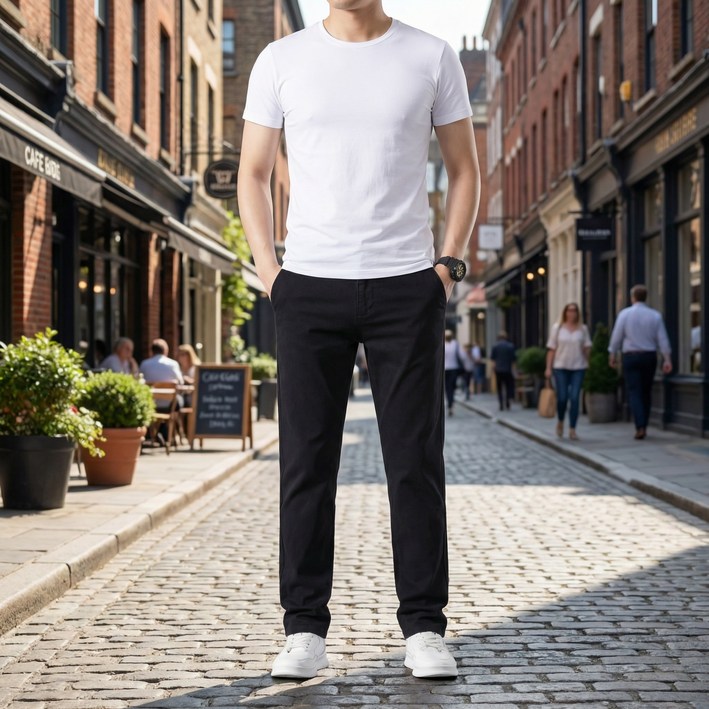 디한스 캐주얼 슬림 스트레이트 코튼 팬츠 스판 밴딩 남성바지