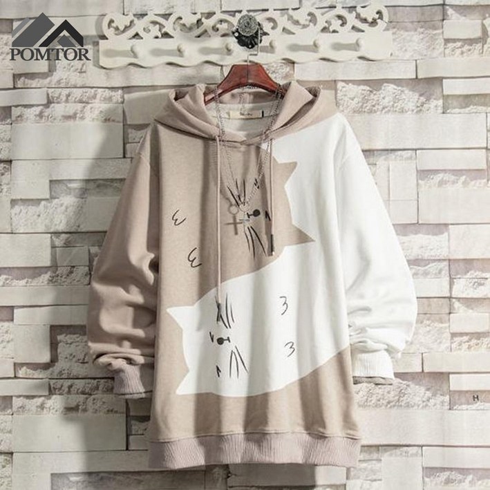 POMTOR 가을 겨울 남녀공용 후드 맨투맨 고양이 캐주얼 루즈핏 커플 맨투맨