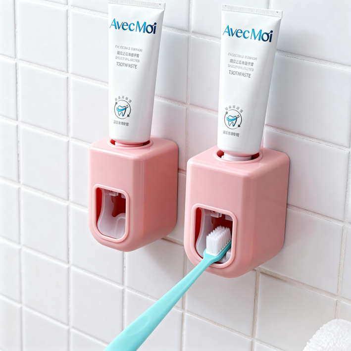 샤에르 무타공 원터치 간편 치약 짜개 디스펜서 2입, 핑크