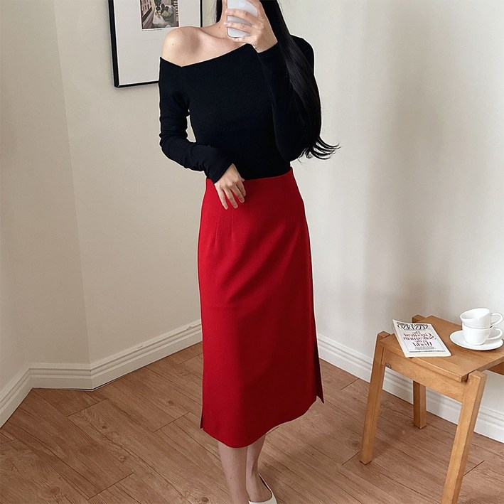 이푼아이 A라인 양트임 스판 롱 핀턱 스커트