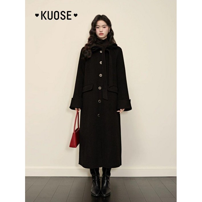 [KUOSE] 쿠오세 코트 헵번 양면 모직 가을 겨울 블랙 중간 길이