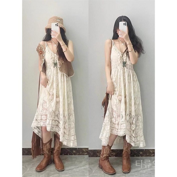 티류으스 여성 뷔스티에 끈나시 원피스 에스닉 보헤미안 플라워 레이스 ZA
