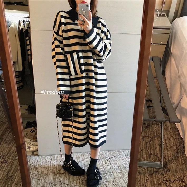 ORZQU 추동 여성 스트라이프 스웨터스타일 니트 루즈핏 캐주얼 패션 롱 원피스