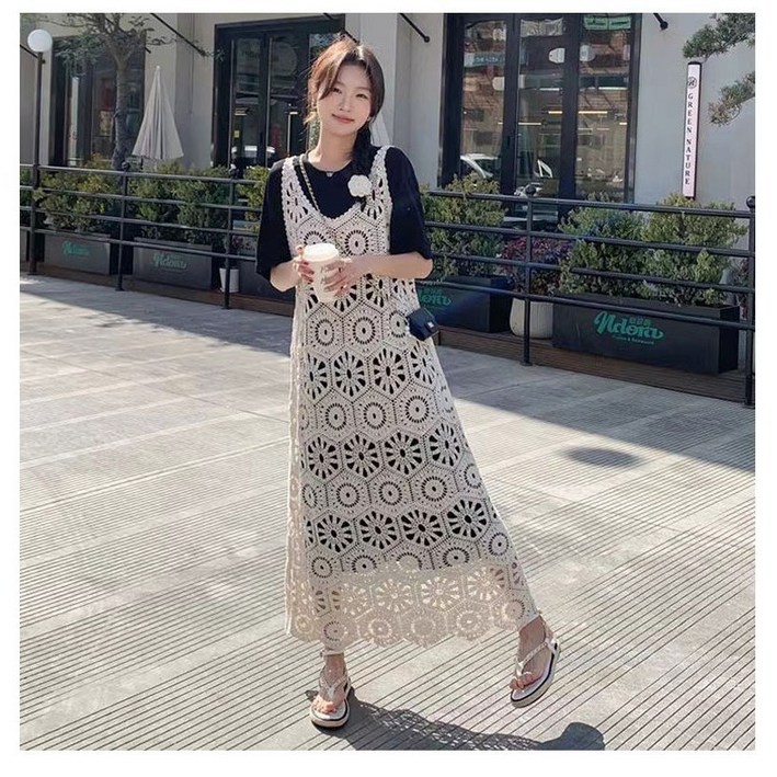 haitua여성 라운드넥 민소매 나시 원피스 봄 여름 레이어드 니트 롱 원피스