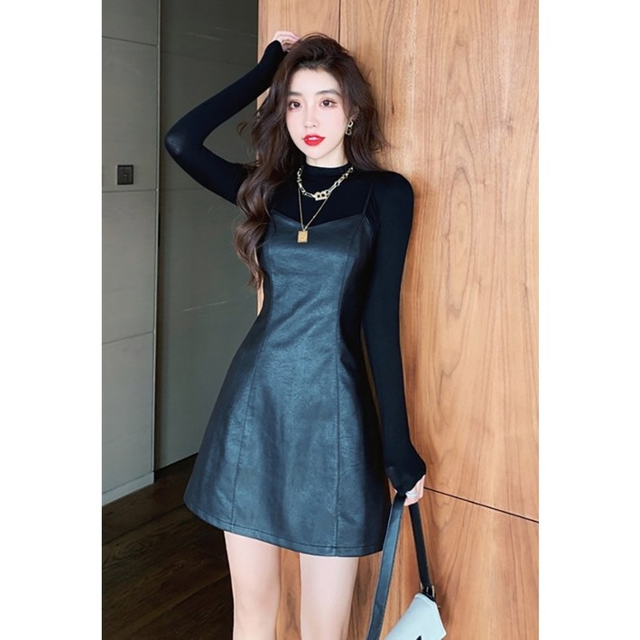 (바니뉴욕)22/FW 2XL까지-뷔스티에 슬립 A라인 가죽PU 미니원피스+이너긴팔티SET