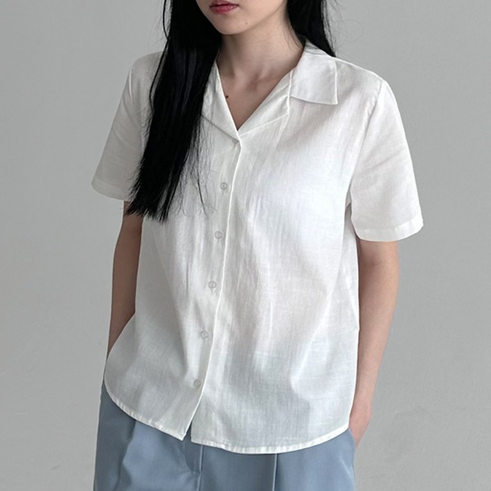 오버나인 여자 여성 코튼 린넨 오픈 카라 반팔 워싱 셔츠 블라우스