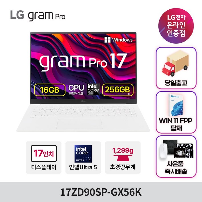 LG전자 그램 Pro 17 코어 울트라5 인텔 Arc, 에센스 화이트, 256GB, 16GB, WIN11 Home, 17ZD90SP-GX56K