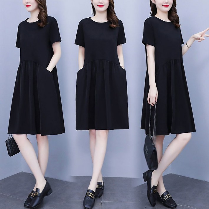 WANGBAIWAN 여성 라운드넥 심플 단색 반팔 미디 원피스 포켓 플레어 A라인 스판 원피스 빅사이즈 L071704